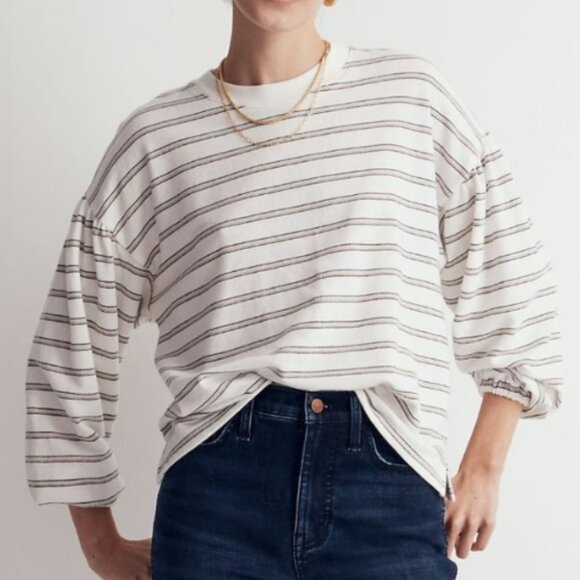 Madewell Striped Slub Cotton Long Sleeve Tee Puff Sleeve Lounge 90s Style-XS - Picture 1 of 16